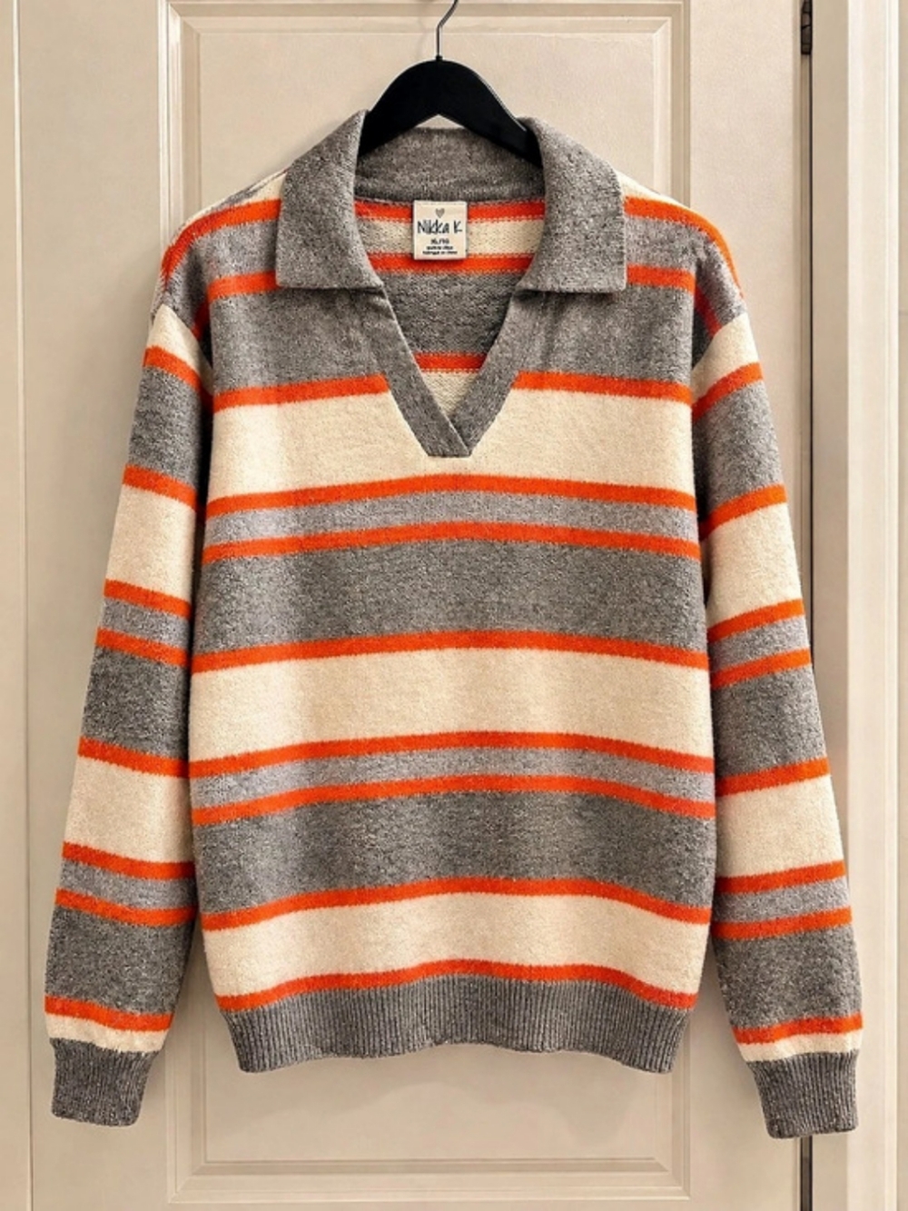 Women's Striped V-Neck Sweater in Gray & Orange Like New. Worn Once.